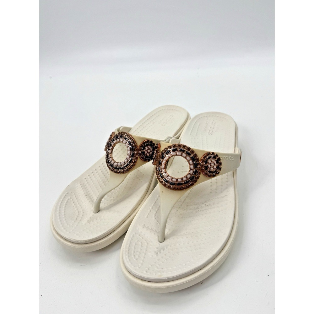 Crocs Sanrah Diamante Wedge Ivory Oyster Rose Gold 9 Wedge Thong Sandal